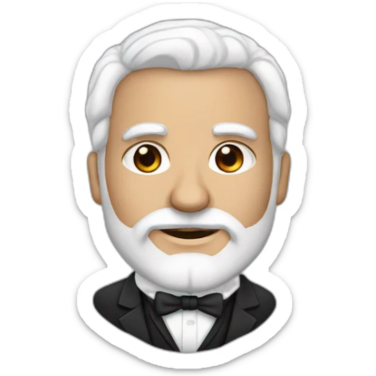 man with brown eyes, white hair and beard, dressed in black tuxedo carrying an armenian flag sticker