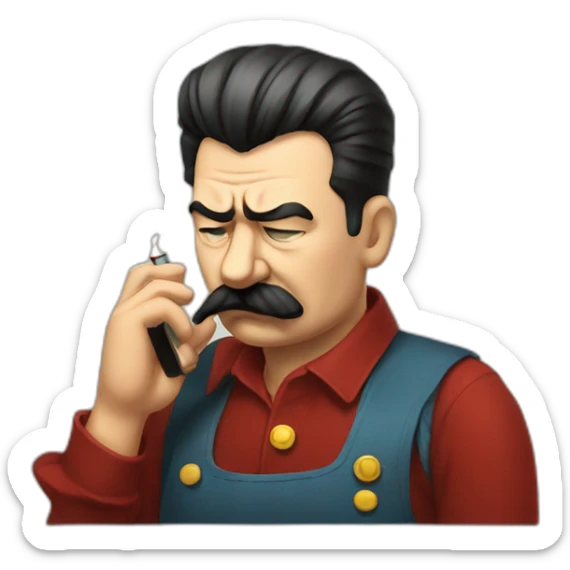 Depressed looking stalin looking at social media on phone and smoking a cigarette sticker