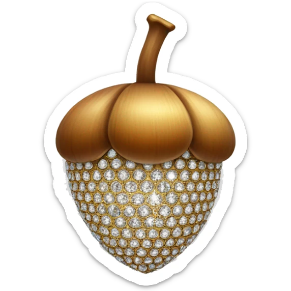 an Acorn made from diamond, sparkling cut diamond, with stem of gold sticker