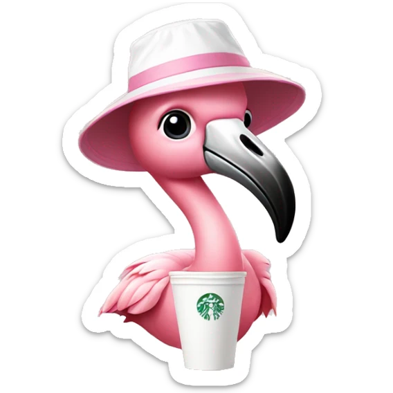 baby flamingo wearing a pink and white bucket hat drinking starbucks  sticker