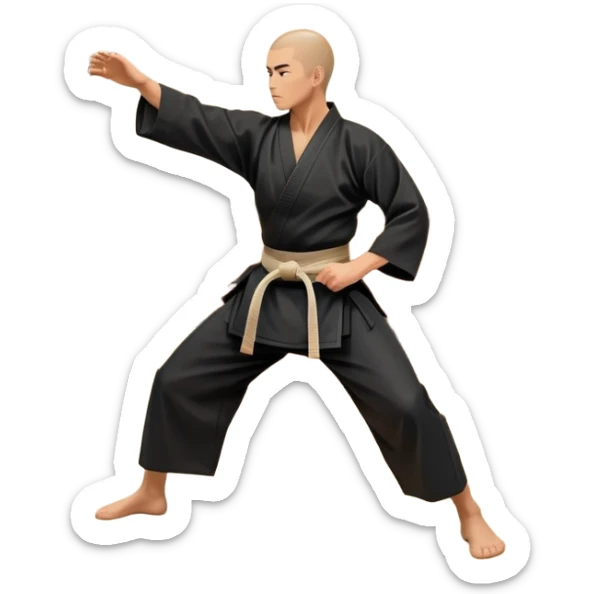 An icon depicting a martial artist in a black gi performing an Aikido technique in a dojo. The background showcases wooden floors, traditional dojo decor, and soft lighting that creates a peaceful yet focused atmosphere. The Aikido practitioner demonstrates fluid movement and precision.  sticker