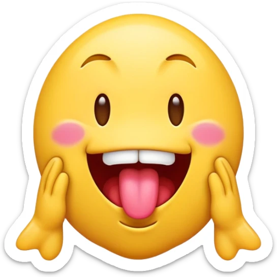emoji with tongue out and drooling shaking it's head side to side with hands around its mouth sticker