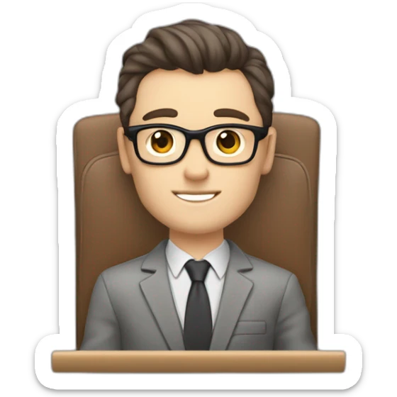 Pale skinned Fit Man With dark brown hair in gray jacket, beige office shirt, Brown pants and vintage glasses sitting In a soft chair with a notebook on spring with emblem Ψ and a pen sticker