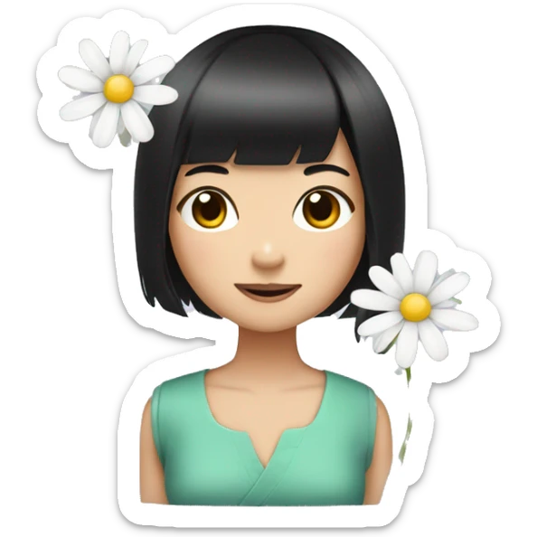 bob black hair asian girl with daisy flower sticker