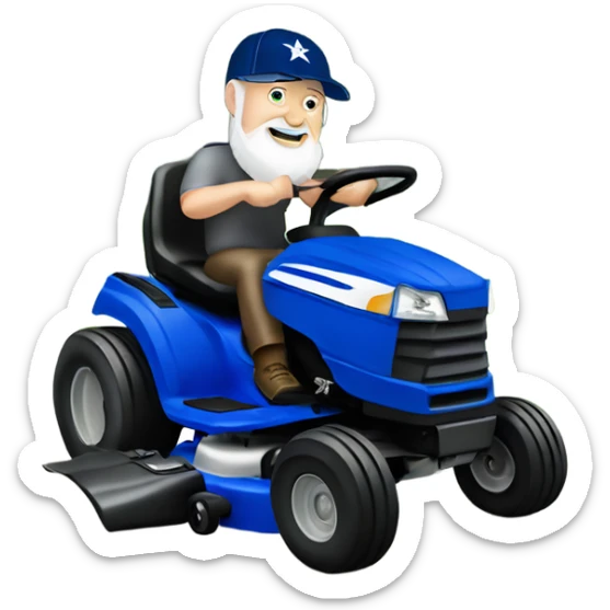 Older bigger white male with short grey beard and blue Dallas cowboys hat riding lawn mower  sticker