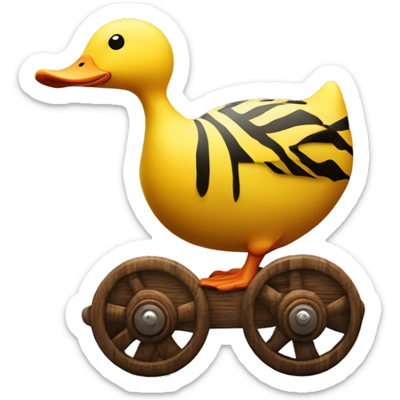 Yellow Duck with tiger stripes on wooden wheels like from the book janosh. Point of view from the side 90 degrees sticker
