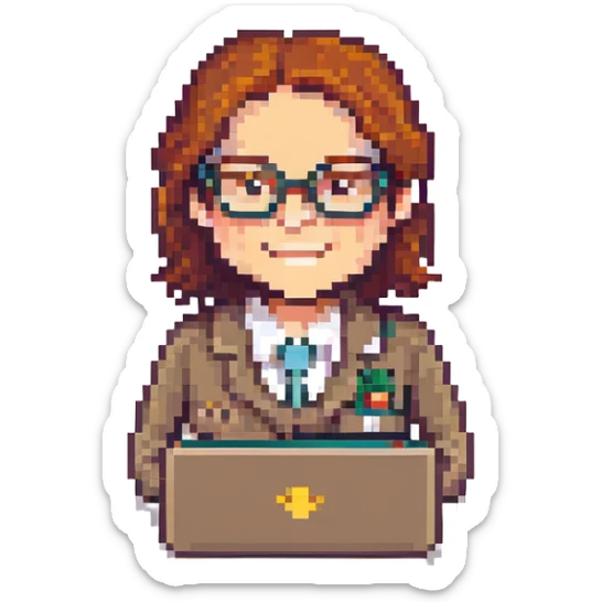 8-bit pixel art icon of a recruiter Mega Man style with glasses holding a laptop smiling sticker
