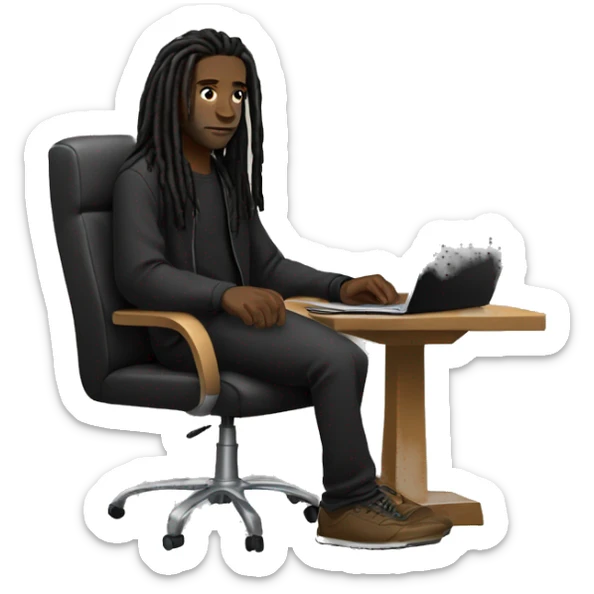 Black-guy-with-dreads-wearing-black-trackstuit-sitting-down-on-chair facing-foward-focused-on-laptop-computer- sticker