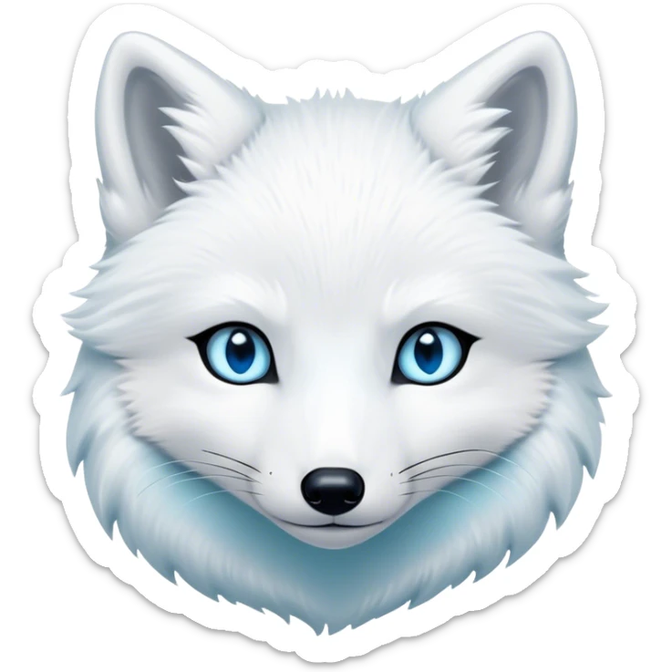 Cinematic Noble Arctic Fox Portrait Emoji, Poised and regal, with a compact, agile build and a luxurious, pure white Fur accented by a subtle hint of icy blue, deep-set soulful piercing eyes, Simplified yet sharp and sophisticated features, highly detailed, glowing with a soft, dignified glow, high shine, intelligent and cunning, stylized with an air of arctic elegance, focused and attentive, soft glowing outline, capturing the essence of a watchful and confident fox, so majestic it feels as though it could dash out of the screen with effortless authority! sticker