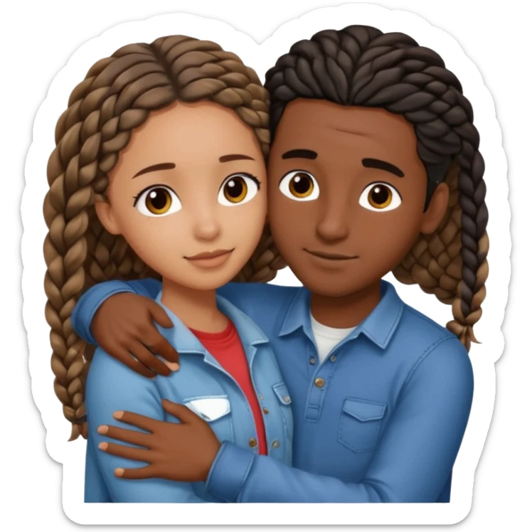 dark skin, black girl with black and brown braids, hugging her middle eastern boyfriend with wavy straight brown hair and medium to light skin sticker