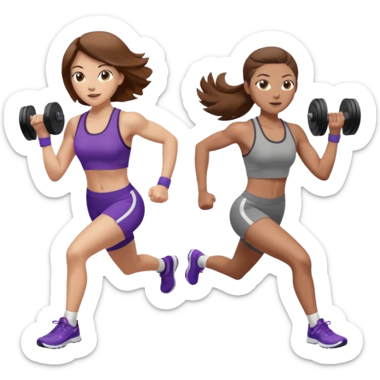 two women. only one is running. the other is only lifting weights. brown hair, light skin, hazel eyes. sticker