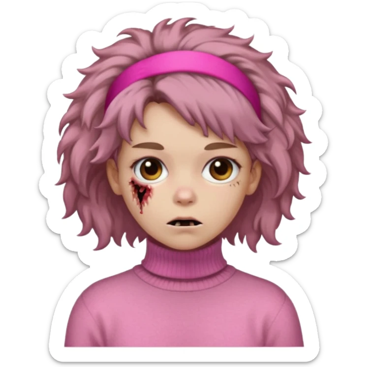 brown fluffy haired zombie with pink turtleneck sweater and hair band sticker