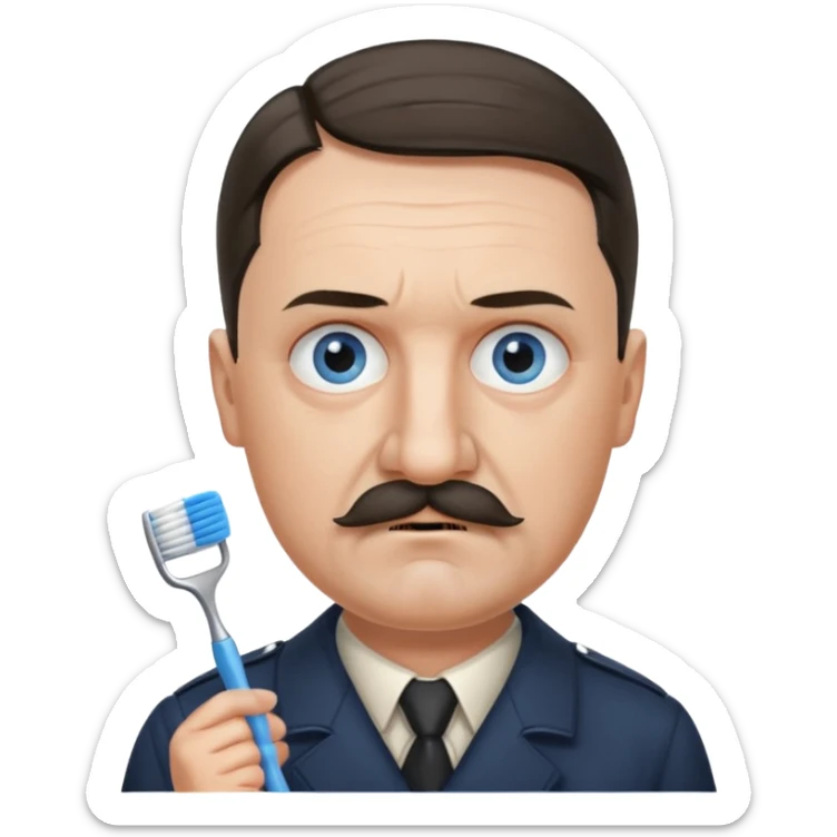 Adolf Hitler had an oval face with fair skin. His eyes were blue and his eyebrows were dark and somewhat bushy. Above his upper lip he wore a small, brush-like mustache, known as a "toothbrush moustache". His sticker