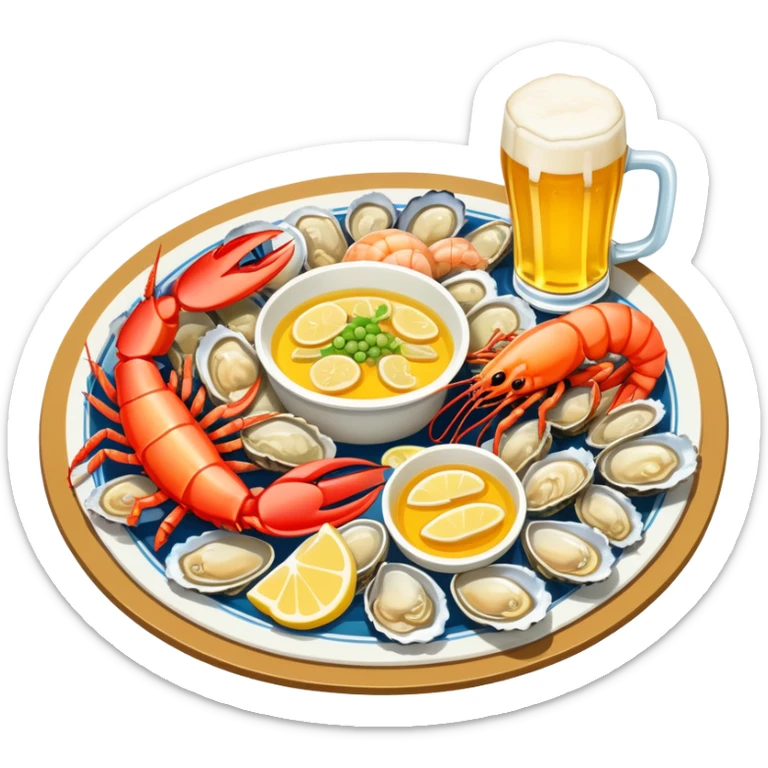 Qingdao seafood with beer, simplified emoji style with bold outlines and bright colors, cartoon style Chinese seafood platter with yellow beer sticker