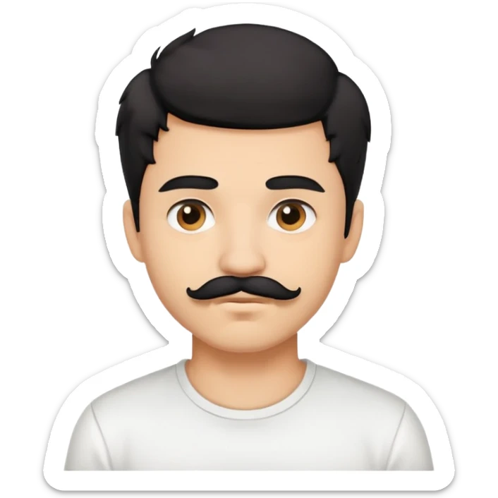 Light skin Young man, short messy black hair, white shirt, moustache sticker