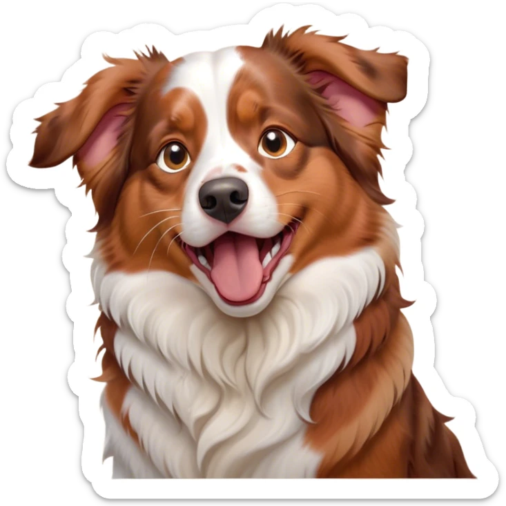 Cinematic Cute Yawning Red Merle Australian Shepherd Portrait Emoji, Head tilted slightly with a dramatic, wide-open yawn, soft red merle fur with subtle white accents, floppy ears slightly drooping, round amber eyes barely open in drowsy contentment, Simplified yet irresistibly adorable features, highly detailed, glowing with a soft, cozy glow, high shine, relaxed yet expressive, stylized with a touch of whimsy, bright and endearing, soft glowing outline, capturing the essence of a sleepy yet affectionate pup, so drowsy it feels like it could stretch right out of the screen and curl up for a nap! sticker