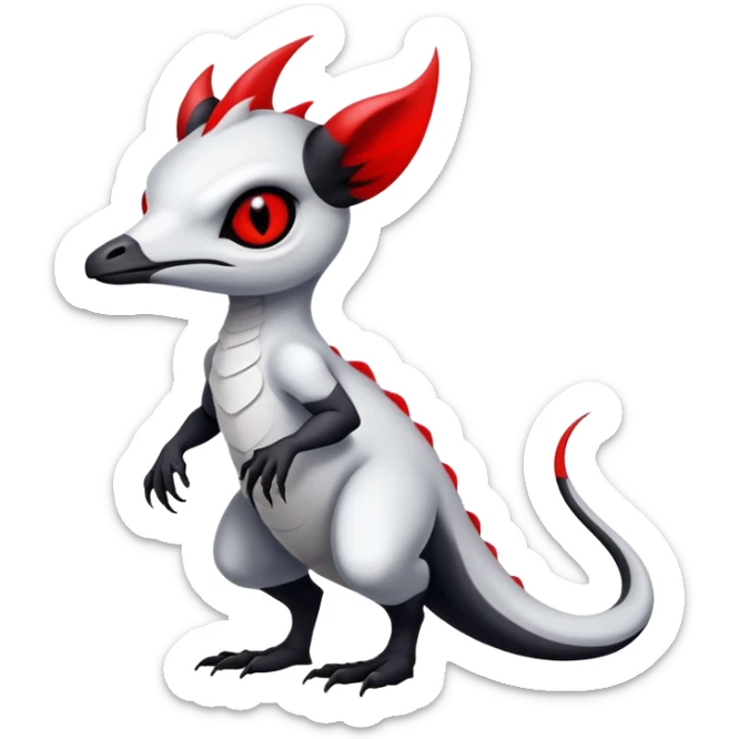 a white exotic edgy vernid-fionbri-creature, with black belly and red eyes, full body sticker