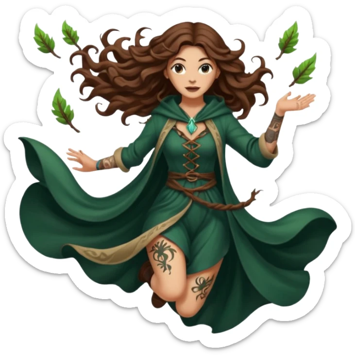 forest mage woman long wavy brown hair tattoos drawing symbol mid-air sticker