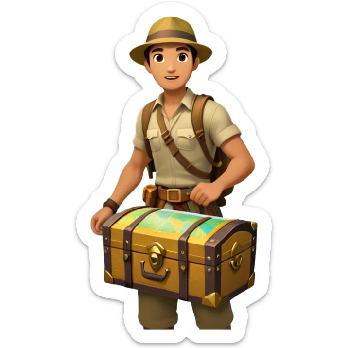 Icon for Adventure Movie: A vibrant, cinematic poster-style design featuring an action-packed scene. Include an adventurer with a map, a treasure chest, a jungle background, a towering mountain, and ancient ruins. Bright colors, bold typography, and an exciting atmosphere. Transparent background. sticker
