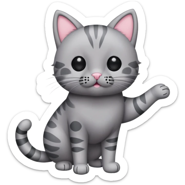 Gray cat stuffed animal standing on two legs with black small ovals for eyes and pink circles for blush and a tiny oval and a w for a mouth and nose that connect with black lines for whiskers and the right arm is a dark gray color sticker