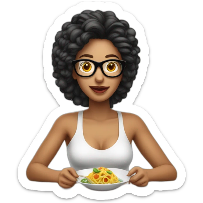 mujer gafas piel blanca pelo largo negro comiendo espagueti con camarones sticker