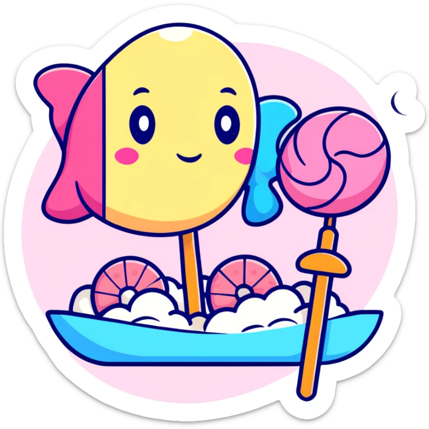 A cute arrangement of fish cake with pink swirl, rice cracker, and tri-colored dango skewer as a Japanese snack trio sticker