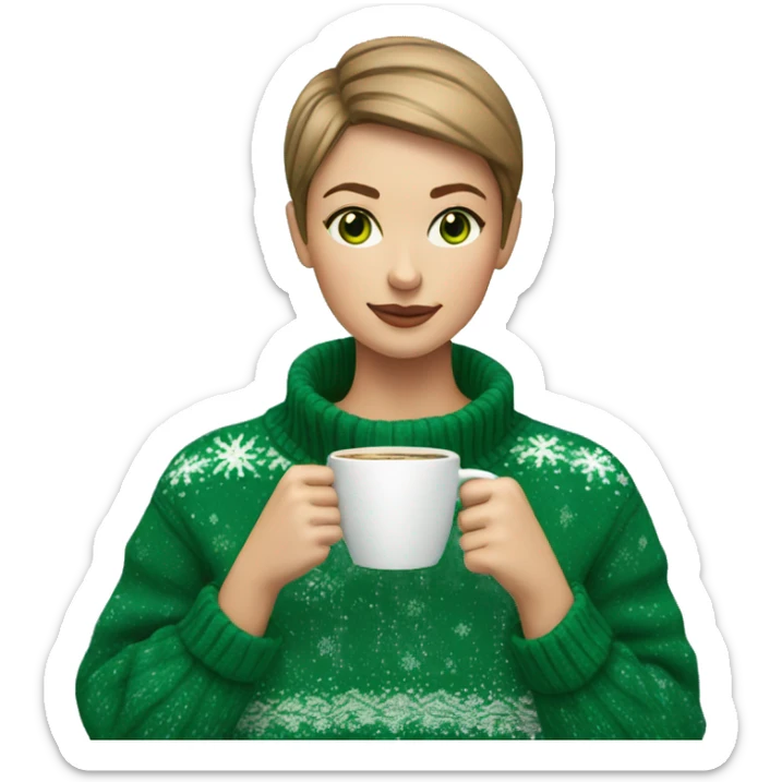Light brown short haired girl with green eyes drinking coffee wearing blue Christmas sweater sticker