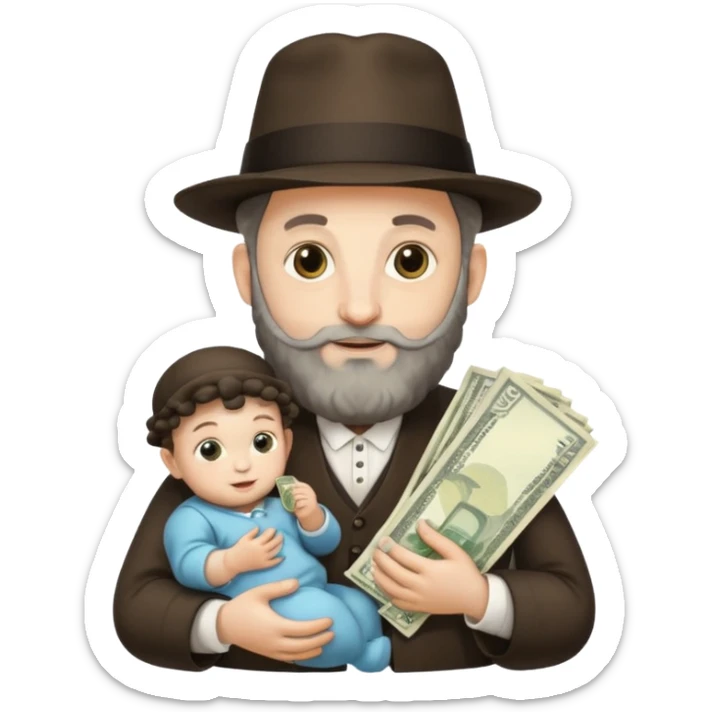 Jewish rabbi with two side curls holding money and baby sticker