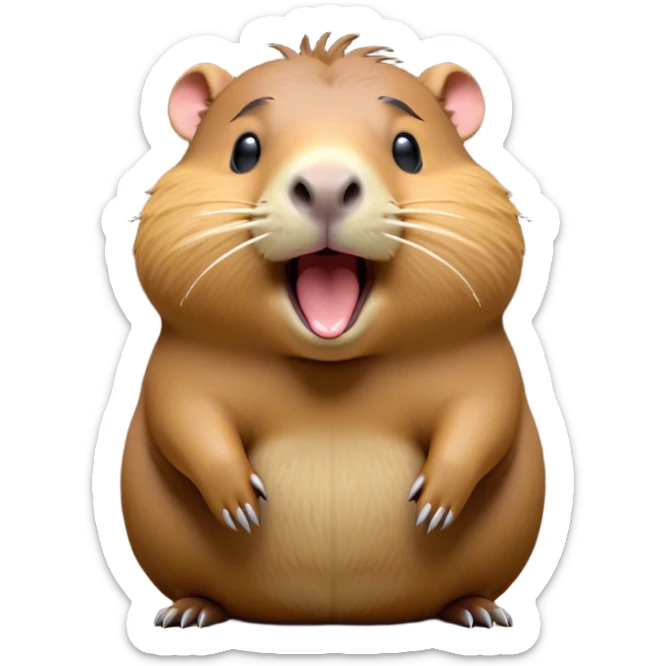 Cinematic Cute Yawning Capybara Portrait Emoji, Head tilted slightly with a dramatic, wide-open yawn, showcasing a plush, rounded body with a broad capybara head featuring a short snout and subtle, small ears, with drowsy, half-closed eyes and a relaxed expression, Simplified yet irresistibly adorable features, highly detailed, glowing with a soft, cozy natural glow, high shine, relaxed yet expressive, stylized with a dash of whimsical charm, soft glowing outline, capturing the essence of a drowsy yet affectionate capybara guardian that seems ready to stretch out for a nap! sticker
