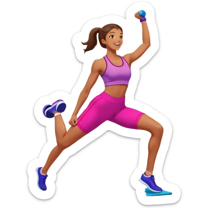 An energetic person performing an aerobics workout in a brightly lit gym, jumping and stretching with enthusiasm. The scene includes vibrant fitness equipment like dumbbells and exercise mats, with a background of cheerful, motivating colors, conveying energy and movement. sticker