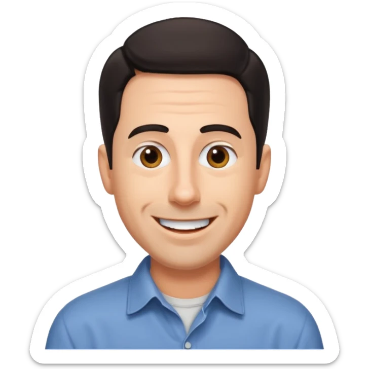 man with a big smile, short dark hair, expressive eyebrows, casual shirt, inspired by Jerry Seinfeld sticker