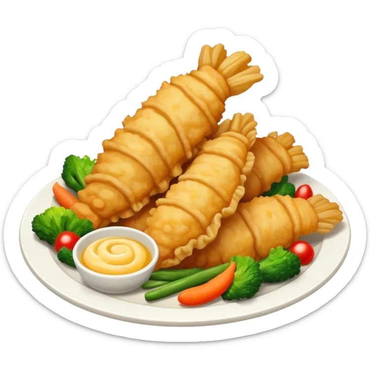 Tempura Cinematic Realistic Tempura Dish Emoji, depicted as extra crispy, lightly battered seafood and vegetables, rendered with vivid textures and dynamic, bright lighting. sticker