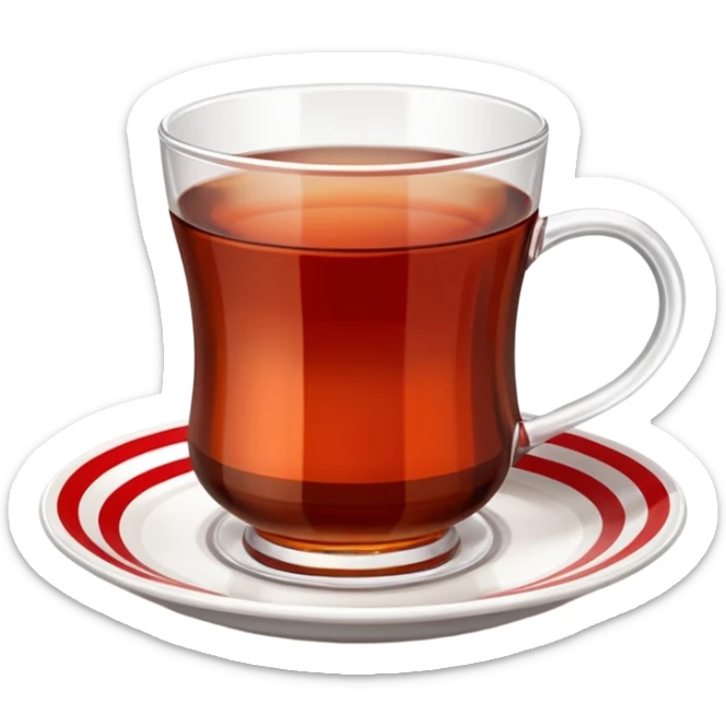 Turkish tea glass filled with dark tea, on a white saucer with red stripes, side view, detailed, realistic sticker