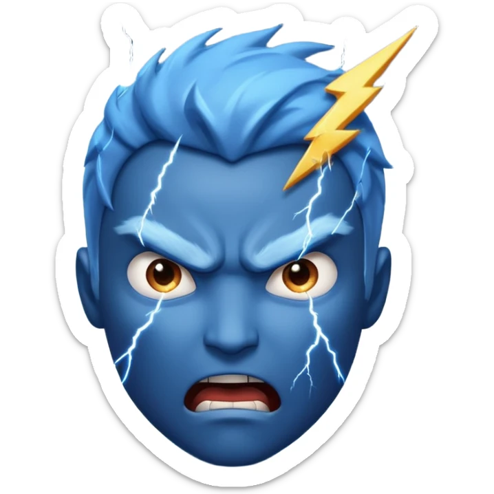 Rayos, centellas y estrellas en una cara color azul con expresiones de furia sticker