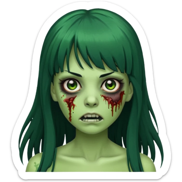 Emoji de mulher verde zumbi cabelos longos pretos e franja sticker