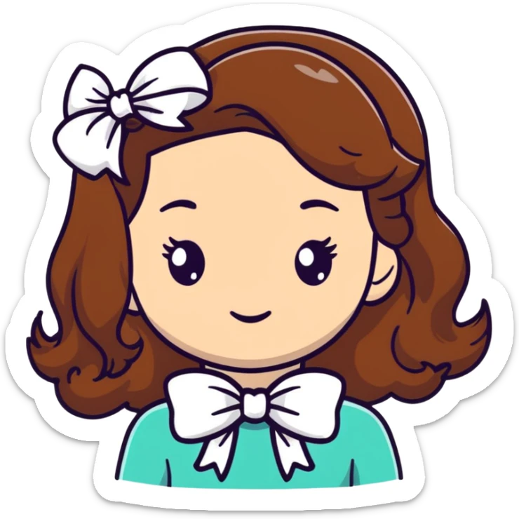 White girl with brown wavy hair and white bow on her head sticker