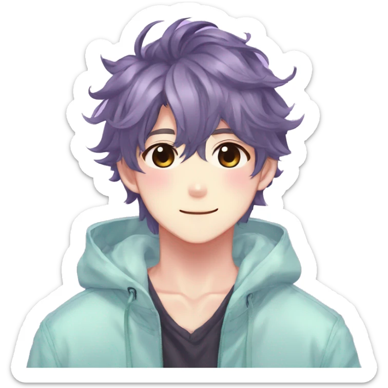 Gorgeous colorful shiny romantic pastel anime style shojo man with blushing face aesthetic and pretty hair trending style sticker