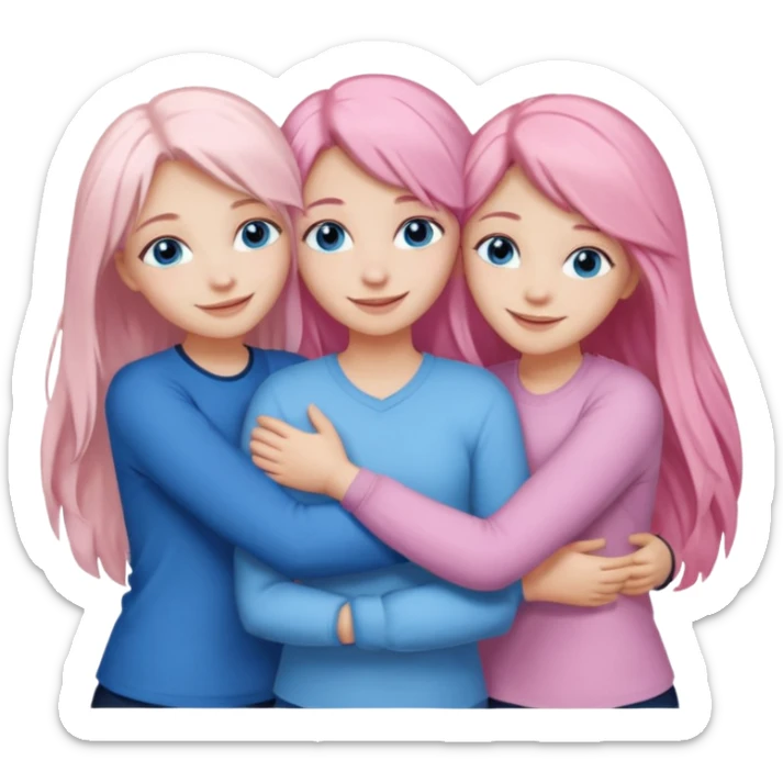 Girlfriend emoji - four white grips hugging and smiling    One girl with long light pink hair and blue eyes, one girl with blue eyes and light blonde hair, and 2 girls with brown eyes and long dark brown hair. sticker
