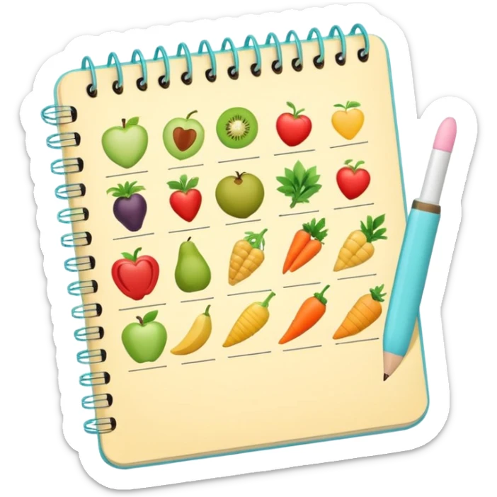 Emoji of checklist notebook with healthy food icons, nutrition planning, flat minimal emoji, pastel colors sticker