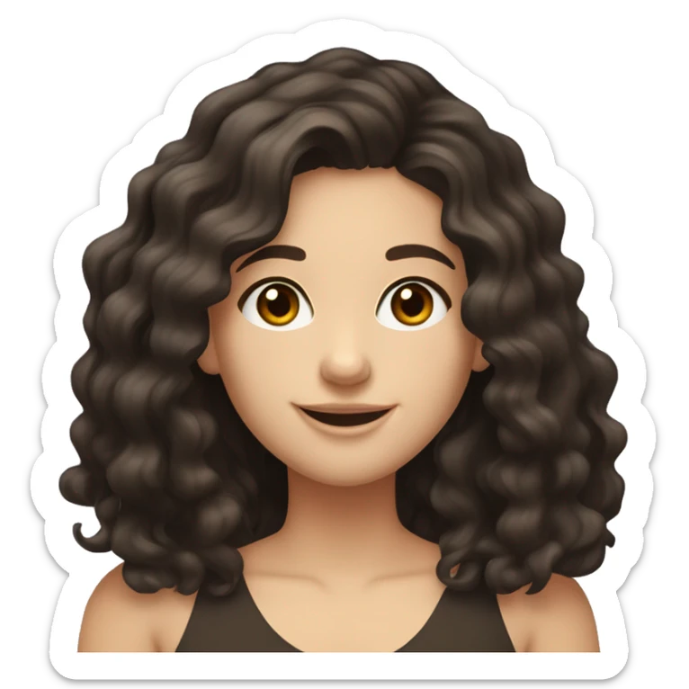 22-year-old woman. Girl with really really dark brown shoulder-length beach waves. REALLY Dark brown eyes with a HUGE OPTIMISTIC SMILE." WEST_EUROPEAN WHITE SKIN  sticker