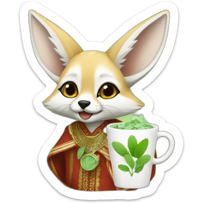 Algerian fennec wearing algerian clothes holding cup of mint tea sticker