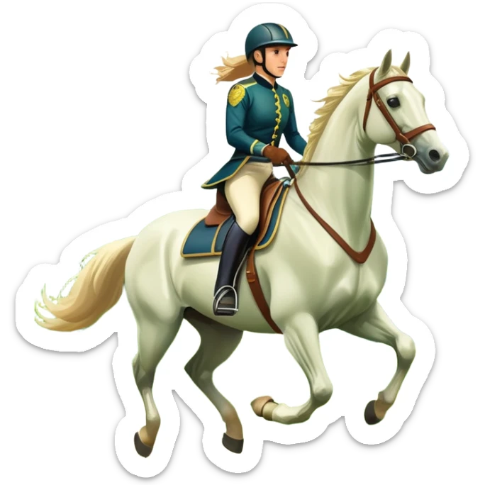An icon featuring a horse and rider galloping gracefully over a lush green field. The rider is in full gear, guiding the horse with precision. The background shows rolling hills, a clear blue sky, and vibrant sunlight illuminating the scene. Transparent background highlights the elegance sticker