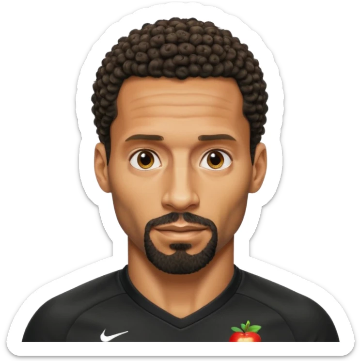 Black British footballer Rio Ferdinand, short tight curly hair with a sharp fade, trimmed beard, confident expression, realistic Apple emoji style inspired by his real-life appearance sticker