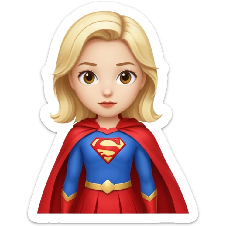 Blonde superhero girl, blue suit, red skirt, big red cape sticker