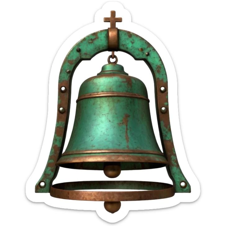 3D render of Church Bell, heavily oxidized copper texture, verdigris patina, Green weathered metal surface, weathered bronze aesthetic, ancient decay, emoji style, isolated on white background --v 6.0. sticker