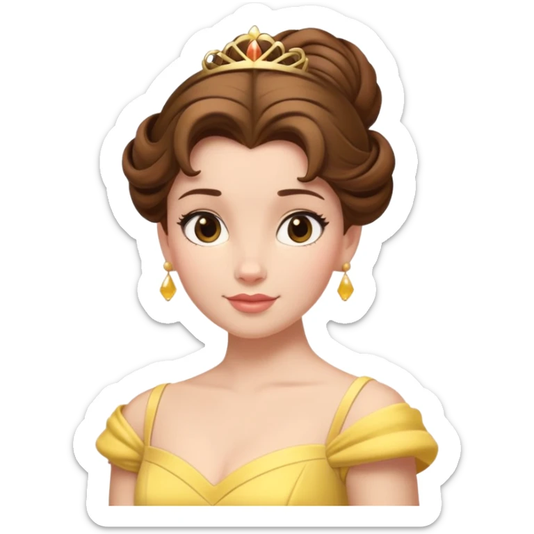 Belle princess from hips up, yellow ballgown, brown hair in updo, minimal style but clearly recognizable sticker