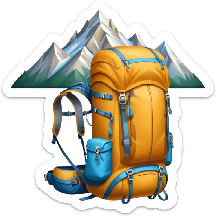 Icon for Mountain Tourism and Climbing: a mountain peak in the background, climbing gear and backpack. The icon should capture the adventure and challenge of alpine exploration. Transparent background. sticker