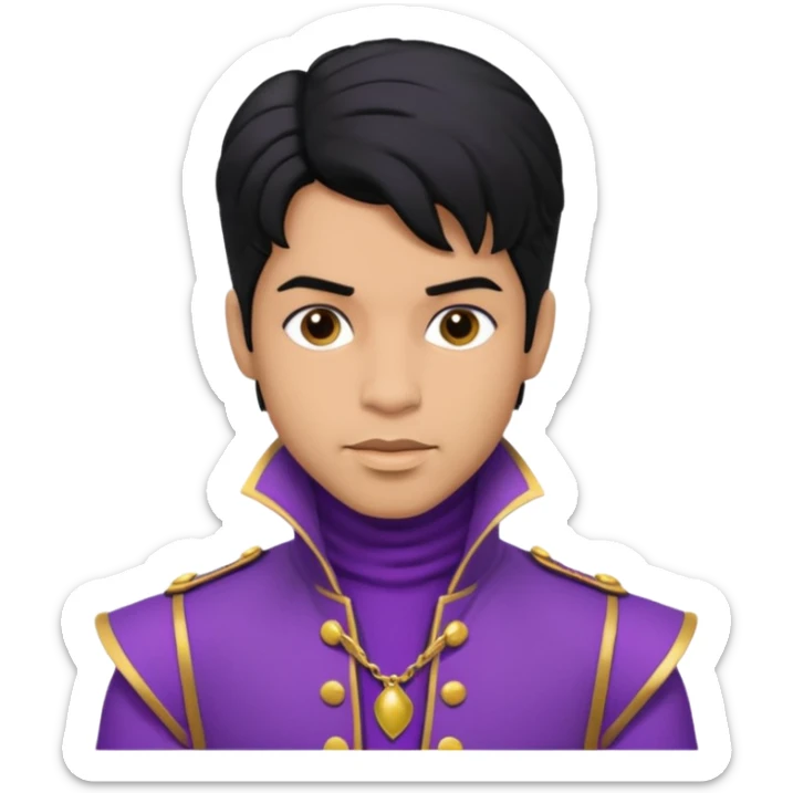 Prince Rogers Nelson with olive skin, black hair, purple outfit sticker