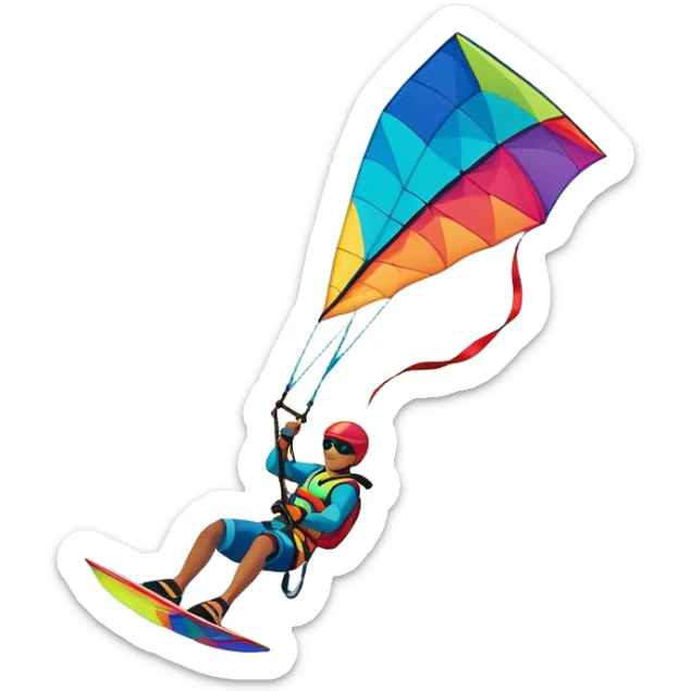 A vibrant kite soaring high in the sky, attached to a kiteboarder riding the waves below. The scene is filled with bright colors, capturing the energy of the sport. The background features the ocean, wind-blown waves, and a clear sky, showcasing the excitement and freedom of kiting. sticker