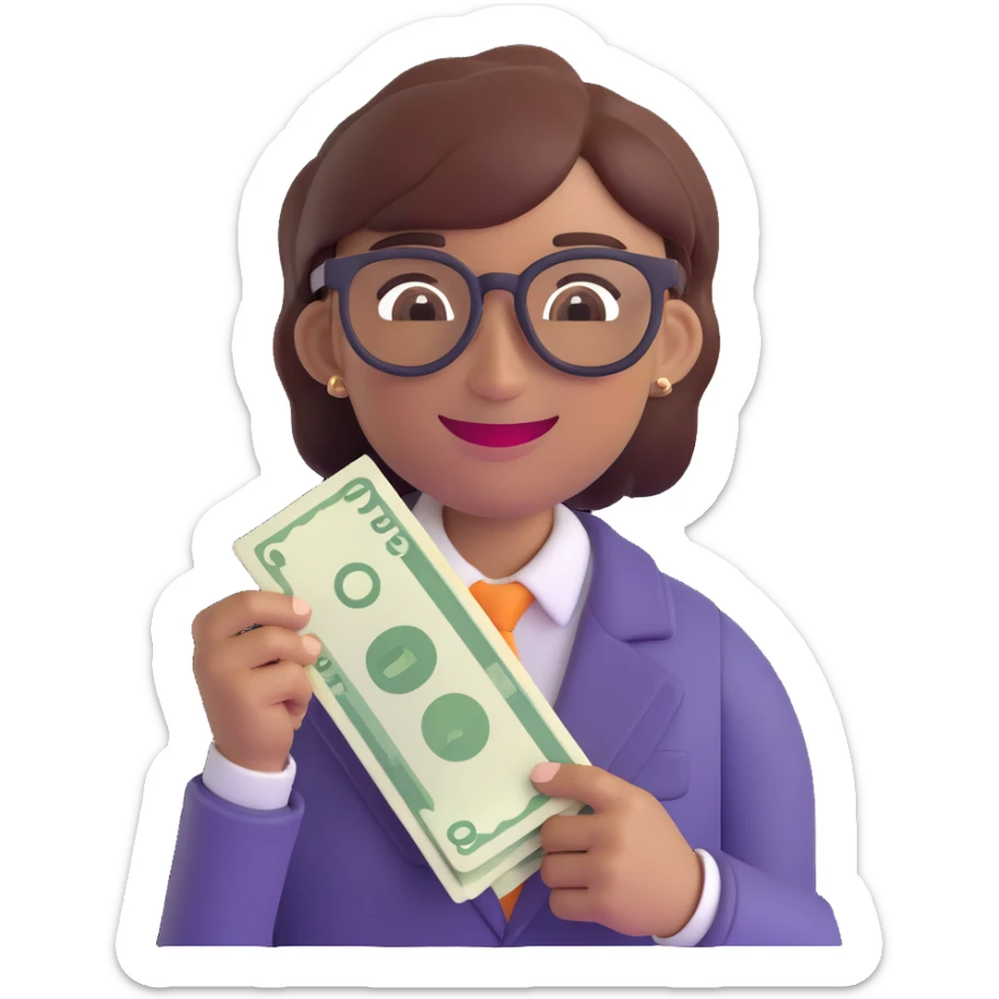 nerd agender person emoji, smiling, holding money in one hand, glasses, androgynous, cheerful expression sticker